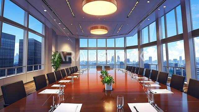 النوافذ والواجهات الزجاجية، التصميم العصري الحديث للمكاتب في الشركات السعودية، غرفة اجتماعات واسعة مع طاولة محاطة بكراسي، غرف مكتبية بتصاميم وديكورات داخلية فخمة