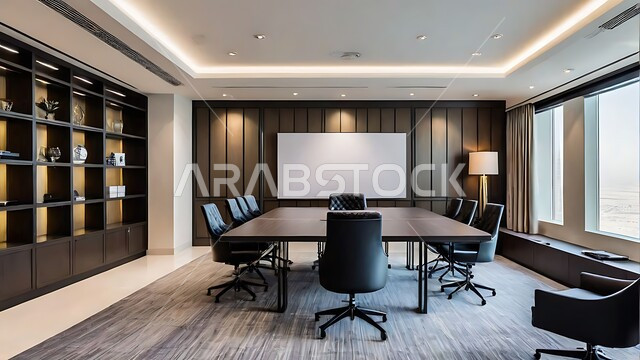 غرفة اجتماعات واسعة مع طاولة محاطة بكراسي، غرف مكتبية بتصاميم وديكورات داخلية فخمة، التصميم العصري الحديث للمكاتب في الشركات السعودية، النوافذ والواجهات الزجاجية