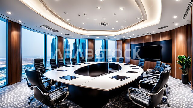 A spacious meeting room with a table surrounded by chairs, office rooms with luxurious interior designs and decorations, the modern design of offices in Saudi companies, windows and glass facades