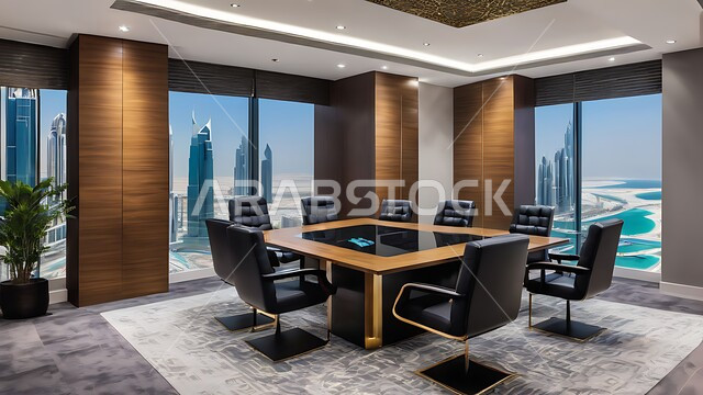 A spacious meeting room with a table surrounded by chairs, office rooms with luxurious interior designs and decorations, the modern design of offices in Saudi companies, windows and glass facades