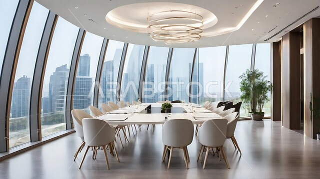 النوافذ والواجهات الزجاجية، غرف مكتبية بتصاميم وديكورات داخلية فخمة، غرفة اجتماعات واسعة مع طاولة محاطة بكراسي، التصميم العصري الحديث للمكاتب في الشركات السعودية