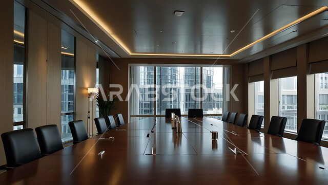 النوافذ والواجهات الزجاجية، غرف مكتبية بتصاميم وديكورات داخلية فخمة، غرفة اجتماعات واسعة مع طاولة محاطة بكراسي، التصميم العصري الحديث للمكاتب في الشركات السعودية