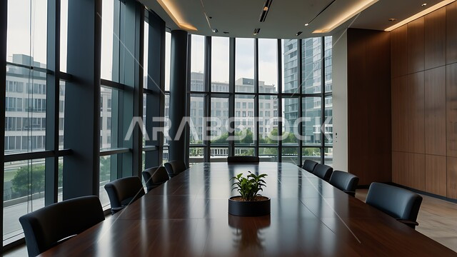 النوافذ والواجهات الزجاجية، غرف مكتبية بتصاميم وديكورات داخلية فخمة، غرفة اجتماعات واسعة مع طاولة محاطة بكراسي، التصميم العصري الحديث للمكاتب في الشركات السعودية