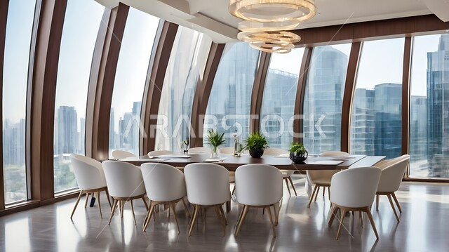 التصميم العصري الحديث للمكاتب في الشركات السعودية، غرفة اجتماعات واسعة مع طاولة محاطة بكراسي، غرف مكتبية بتصاميم وديكورات داخلية فخمة، النوافذ والواجهات الزجاجية