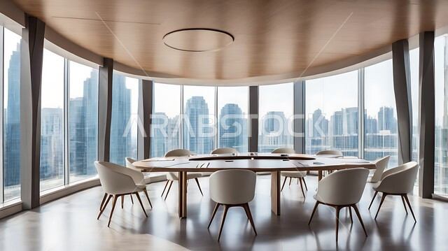 التصميم العصري الحديث للمكاتب في الشركات السعودية، غرفة اجتماعات واسعة مع طاولة محاطة بكراسي، غرف مكتبية بتصاميم وديكورات داخلية فخمة، النوافذ والواجهات الزجاجية