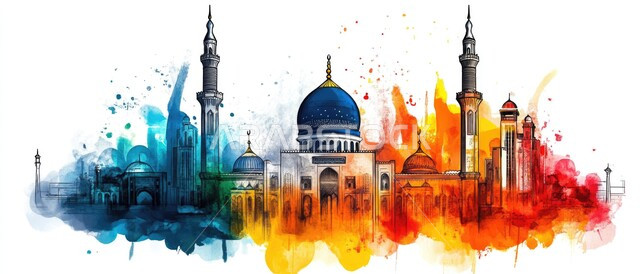 رسومات توضيحية ثلاثية الأبعاد لمسجد إسلامي، الفن الهندسي المعماري للقبب والمآذن الملونة على الطراز الحديث، آداء الفرائض والصلوات، العبادة والتقرب إلى الله تعالى، خلفيه بيضاء