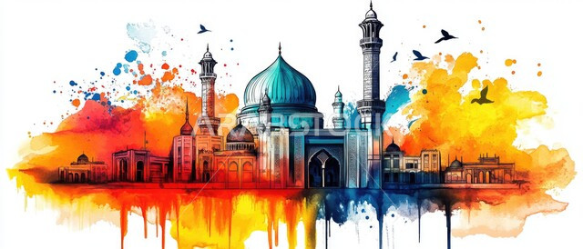 آداء الفرائض والصلوات، العبادة والتقرب إلى الله تعالى، رسومات توضيحية ثلاثية الأبعاد لمسجد إسلامي، الفن الهندسي المعماري للقبب والمآذن الملونة على الطراز الحديث، خلفيه بيضاء