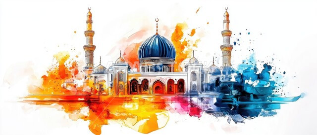 Modern style colorful domes and minarets architectural art, performing religious duties and prayers, worship and getting closer to Allah Almighty, 3D illustration of an Islamic mosque, white background
