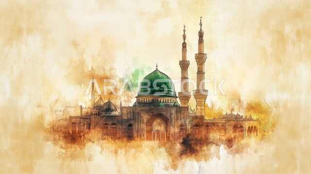  العبادة والتقرب إلى الله تعالى، رسومات توضيحية ثلاثية الأبعاد لمسجد إسلامي، الفن الهندسي المعماري للقبب والمآذن الملونة على الطراز الحديث، آداء الفرائض والصلوات، خلفيه بيضاء