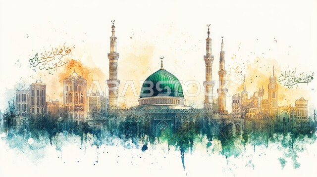 العبادة والتقرب إلى الله تعالى، رسومات توضيحية ثلاثية الأبعاد لمسجد إسلامي، الفن الهندسي المعماري للقبب والمآذن الملونة على الطراز الحديث، آداء الفرائض والصلوات، خلفيه بيضاء