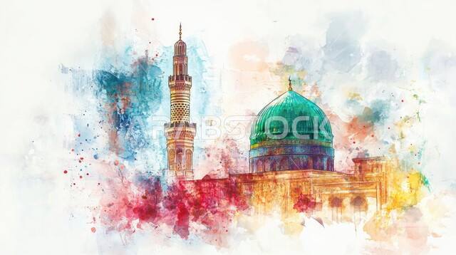 رسومات توضيحية ثلاثية الأبعاد لمسجد إسلامي، الفن الهندسي المعماري للقبب والمآذن الملونة على الطراز الحديث، آداء الفرائض والصلوات، العبادة والتقرب إلى الله تعالى، خلفيه بيضاء