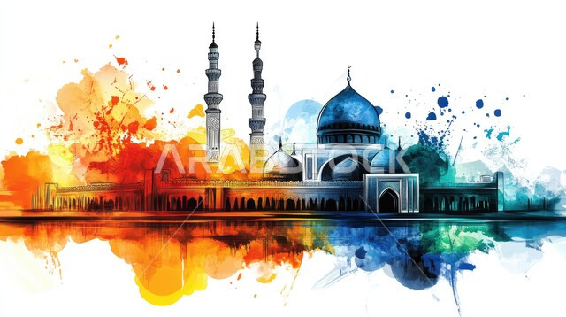 آداء الفرائض والصلوات، العبادة والتقرب إلى الله تعالى، رسومات توضيحية ثلاثية الأبعاد لمسجد إسلامي، الفن الهندسي المعماري للقبب والمآذن الملونة على الطراز الحديث، خلفيه بيضاء