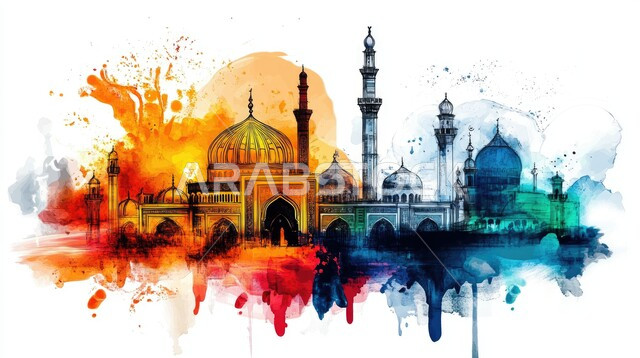   الفن الهندسي المعماري للقبب والمآذن الملونة على الطراز الحديث ، آداء الفرائض والصلوات، العبادة والتقرب إلى الله تعالى، رسومات توضيحية ثلاثية الأبعاد لمسجد إسلامي، ، خلفيه بيضاء