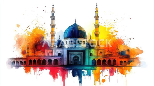 الفن الهندسي المعماري للقبب والمآذن الملونة على الطراز الحديث، آداء الفرائض والصلوات، العبادة والتقرب إلى الله تعالى، رسومات توضيحية ثلاثية الأبعاد لمسجد إسلامي،خلفيه بيضاء