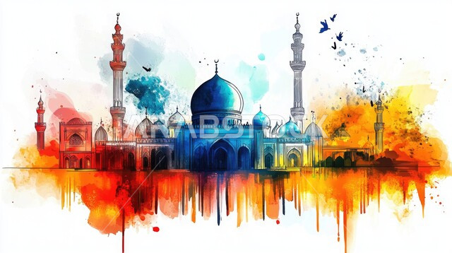رسومات توضيحية ثلاثية الأبعاد لمسجد إسلامي، الفن الهندسي المعماري للقبب والمآذن الملونة على الطراز الحديث, آداء الفرائض والصلوات، العبادة والتقرب إلى الله تعالى، خلفيه بيضاء