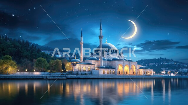 رسم ثلاثي الأبعاد لمسجد مضيء في و قت الليل, منظر الهلال في السماء, ديكورات وتصاميم متميزه على الطراز الاسلامي للقبب والمآذن, أماكن لأداء الفرائض الدينية, الفن الهندسي المعماري لبناء المساجد في المملكه العربيه السعوديه, خلفية الطبيعة