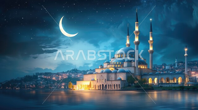 أماكن لأداء الفرائض الدينية, الفن الهندسي المعماري لبناء المساجد في المملكه العربيه السعوديه, رسم ثلاثي الأبعاد لمسجد مضيء في و قت الليل,ديكورات وتصاميم متميزه على الطراز الاسلامي للقبب والمآذن , منظر الهلال في السماء, خلفية الطبيعة