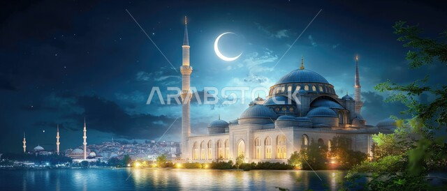 منظر طبيعي للنجوم المتناثره في السماء ليلا، خلفيات مساجد اسلاميه في وضع الليل, أماكن لأداء الفرائض الدينية, الفن الهندسي المعماري للمساجد التاريخيه القديمه