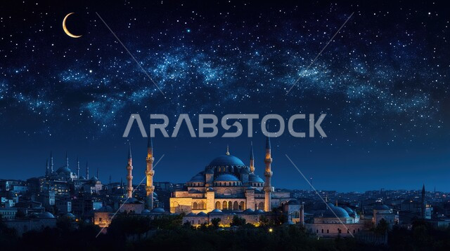 أماكن لأداء الفرائض الدينية, الفن الهندسي المعماري للمساجد التاريخيه القديمه, منظر طبيعي للنجوم المتناثره في السماء ليلا،  خلفيات مساجد اسلاميه في وضع الليل