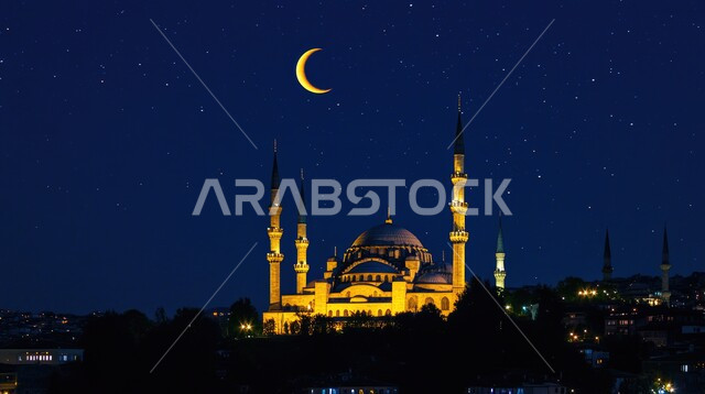 خلفيات مساجد اسلاميه في وضع الليل، أماكن لأداء الفرائض الدينية, الفن الهندسي المعماري للمساجد التاريخيه القديمه, منظر طبيعي للنجوم المتناثره في السماء ليلا