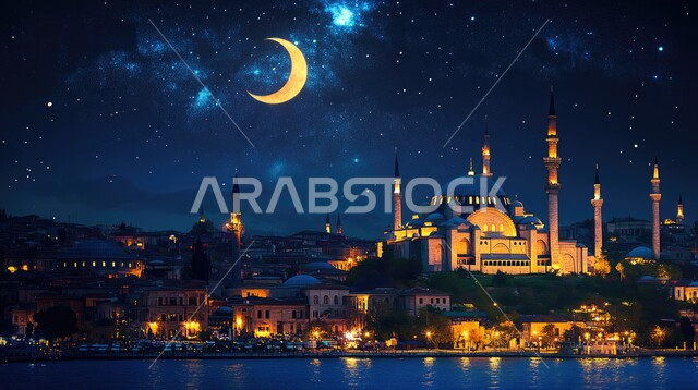 Landscape of stars scattered in the night sky, Islamic mosques wallpapers in night mode, places for performing religious duties, architectural art of ancient historical mosques