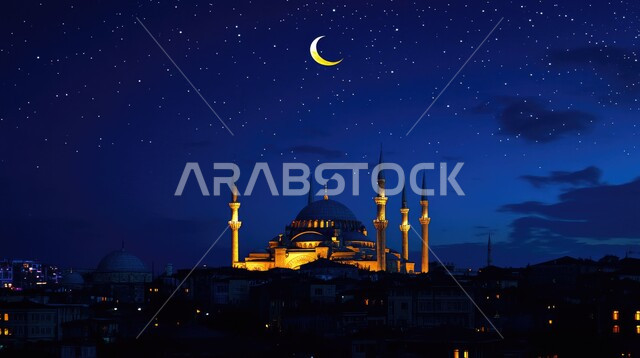 Architectural art of ancient historical mosques, a landscape of stars scattered in the night sky, Islamic mosque wallpapers in night mode, places for performing religious duties