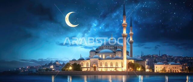 ديكورات وتصاميم متميزه على الطراز الاسلامي للقبب والمآذن , الفن الهندسي المعماري لبناء المساجد في المملكه العربيه السعوديه,  منظر الهلال في السماء, رسم ثلاثي الأبعاد لمسجد مضيء في و قت الليل, أماكن لأداء الفرائض الدينية, خلفية الطبيعة