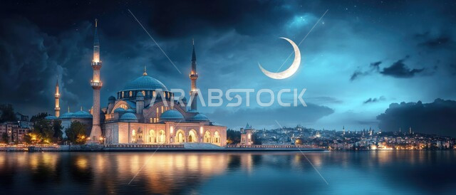 رسم ثلاثي الأبعاد لمسجد مضيء في و قت الليل, منظر الهلال في السماء, ديكورات وتصاميم متميزه على الطراز الاسلامي للقبب والمآذن, أماكن لأداء الفرائض الدينية, الفن الهندسي المعماري لبناء المساجد في المملكه العربيه السعوديه, خلفية الطبيعة