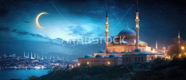 أماكن لأداء الفرائض الدينية, الفن الهندسي المعماري لبناء المساجد في المملكه العربيه السعوديه, رسم ثلاثي الأبعاد لمسجد مضيء في و قت الليل,ديكورات وتصاميم متميزه على الطراز الاسلامي للقبب والمآذن , منظر الهلال في السماء, خلفية الطبيعة