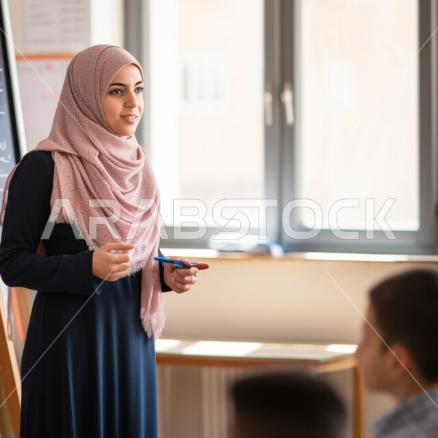 جودة التعليم في المدارس الأكاديميه، تعزيز العلوم والإبتكارات وتنمية المهارات، متابعة مجموعة من الطلاب داخل الفصل، معلمة عربية سعودية خليجية في بيئه مدرسيه تعليميه متطوره