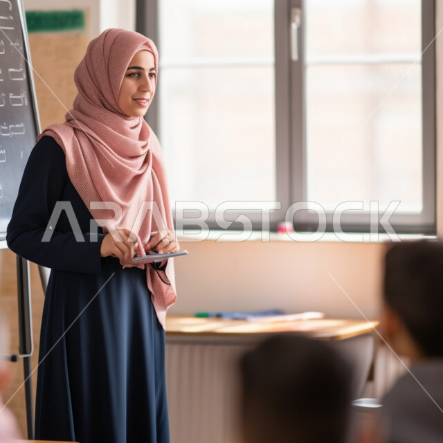 جودة التعليم في المدارس الأكاديميه، تعزيز العلوم والإبتكارات وتنمية المهارات، متابعة مجموعة من الطلاب داخل الفصل، معلمة عربية سعودية خليجية في بيئه مدرسيه تعليميه متطوره