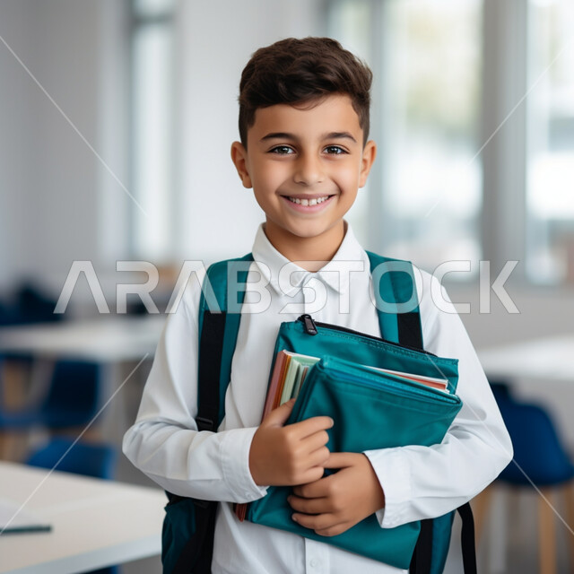 المدارس التعليمية في السعودية، متابعة الدروس والواجبات، النظر إلى الكاميرا بتعابير السرور, بورتريه مقرب لولد عربي سعودي خليجي مبتسم يرتدي الثوب وحقيبة الظهر ويمسك كتبه المدرسية، الاستعداد لبداية العام الدراسي الجديد