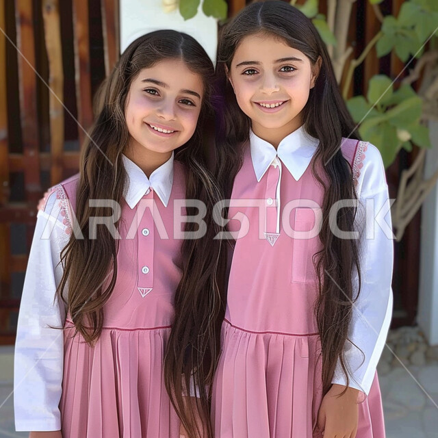 الاستعداد للعام الدراسي الجديد، طالبات عربيات خليجيات سعوديات مبتمسات يرتدون الزي المدرسي وينظروا إلى الكاميرا بإيماءات السرور، جودة التعليم الدراسي في السعودية، العودة إلى المدارس في المملكة