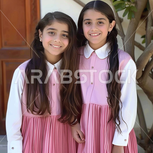 Preparing for the new school year, smiling Saudi Gulf Arab female students wearing school uniforms and looking at the camera with happy gestures, the quality of academic education in Saudi Arabia, returning to schools in the Kingdom
