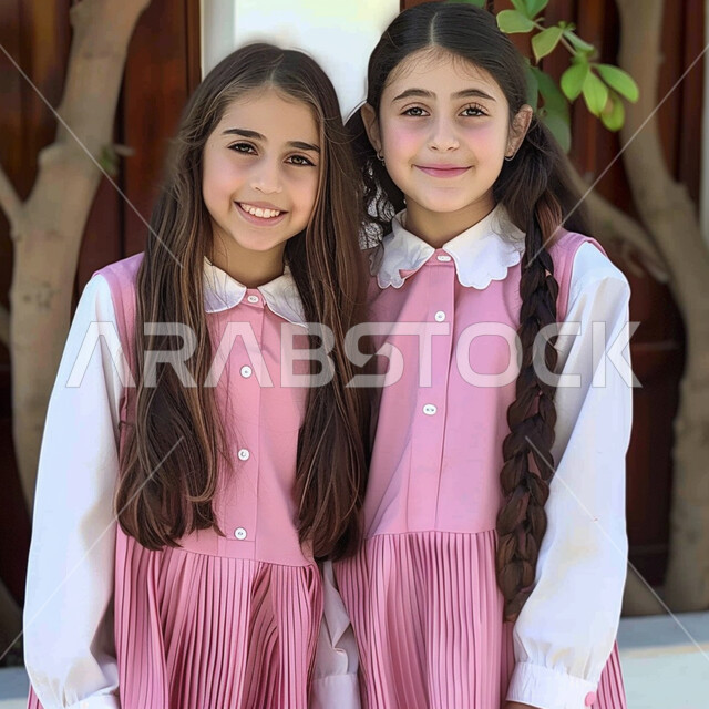 الاستعداد للعام الدراسي الجديد، طالبات عربيات خليجيات سعوديات مبتمسات يرتدون الزي المدرسي وينظروا إلى الكاميرا بإيماءات السرور، جودة التعليم الدراسي في السعودية، العودة إلى المدارس في المملكة
