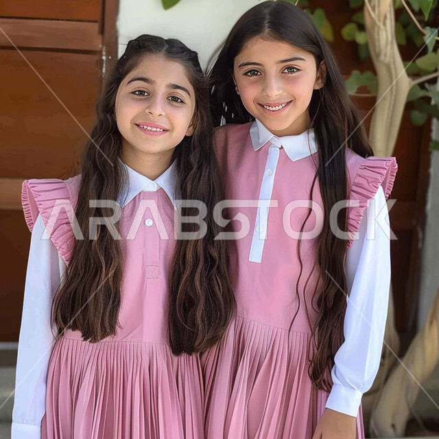 الاستعداد للعام الدراسي الجديد، طالبات عربيات خليجيات سعوديات مبتمسات يرتدون الزي المدرسي وينظروا إلى الكاميرا بإيماءات السرور، جودة التعليم الدراسي في السعودية، العودة إلى المدارس في المملكة