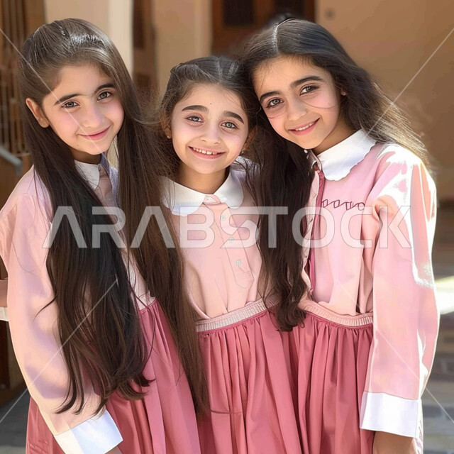 العودة إلى المدارس في المملكة, الاستعداد للعام الدراسي الجديد، طالبات عربيات خليجيات سعوديات مبتمسات يرتدون الزي المدرسي وينظروا إلى الكاميرا بإيماءات السرور، جودة التعليم الدراسي في السعودية