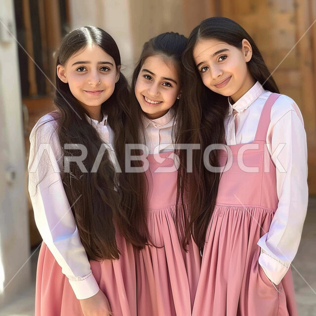 العودة إلى المدارس في المملكة, الاستعداد للعام الدراسي الجديد، طالبات عربيات خليجيات سعوديات مبتمسات يرتدون الزي المدرسي وينظروا إلى الكاميرا بإيماءات السرور، جودة التعليم الدراسي في السعودية