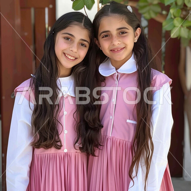 العودة إلى المدارس في المملكة, الاستعداد للعام الدراسي الجديد، طالبات عربيات خليجيات سعوديات مبتمسات يرتدون الزي المدرسي وينظروا إلى الكاميرا بإيماءات السرور، جودة التعليم الدراسي في السعودية