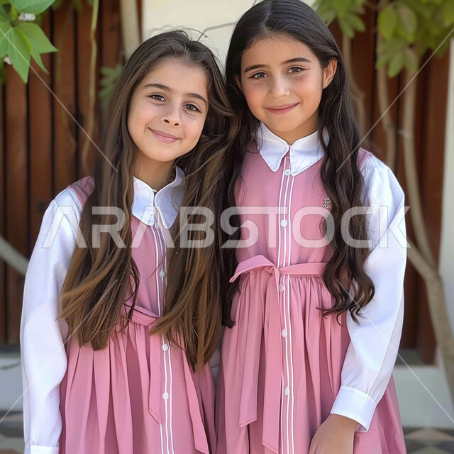 العودة إلى المدارس في المملكة, الاستعداد للعام الدراسي الجديد، طالبات عربيات خليجيات سعوديات مبتمسات يرتدون الزي المدرسي وينظروا إلى الكاميرا بإيماءات السرور، جودة التعليم الدراسي في السعودية