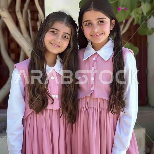 العودة إلى المدارس في المملكة, الاستعداد للعام الدراسي الجديد، طالبات عربيات خليجيات سعوديات مبتمسات يرتدون الزي المدرسي وينظروا إلى الكاميرا بإيماءات السرور، جودة التعليم الدراسي في السعودية