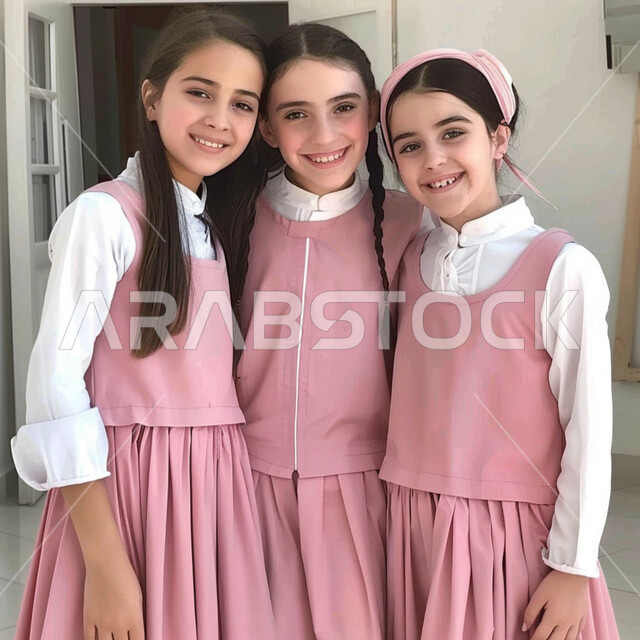 جودة التعليم الدراسي في السعودية, العودة إلى المدارس في المملكة, الاستعداد للعام الدراسي الجديد، طالبات عربيات خليجيات سعوديات مبتمسات يرتدون الزي المدرسي وينظروا إلى الكاميرا بإيماءات السرور