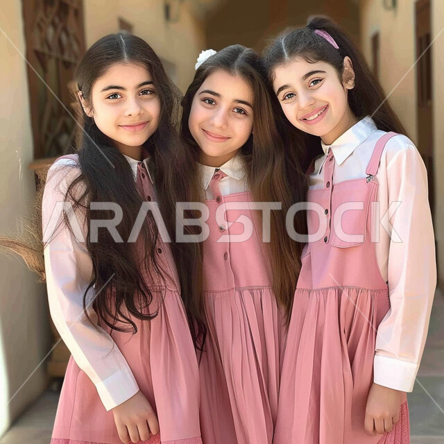 جودة التعليم الدراسي في السعودية, العودة إلى المدارس في المملكة, الاستعداد للعام الدراسي الجديد، طالبات عربيات خليجيات سعوديات مبتمسات يرتدون الزي المدرسي وينظروا إلى الكاميرا بإيماءات السرور