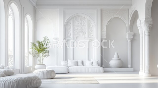 غرفة ذات تصاميم حديثة عصرية ،الاهتمام في نباتات الزينة الخضراء ،وسائد بيضاء اللون ،زخارف على الطراز العربي الإسلامي ،شقق وفلل سكنية في المملكة العربية السعودية ،الفن الهندسي المعماري الديكورات والتصاميم الداخلية