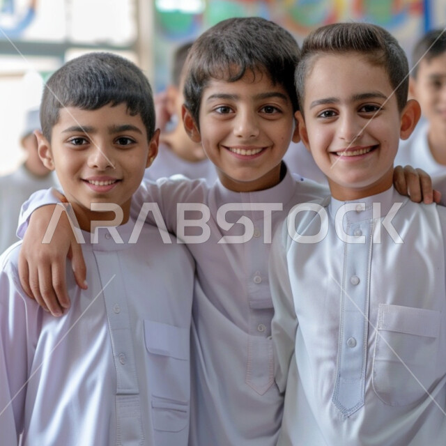 النظر الى الكاميرا بايماءات السعادة للعودة الى المدرسة، طلاب عرب خليجيون سعوديون يرتدون الثوب، المدارس والجامعات في المملكة العربية السعودية