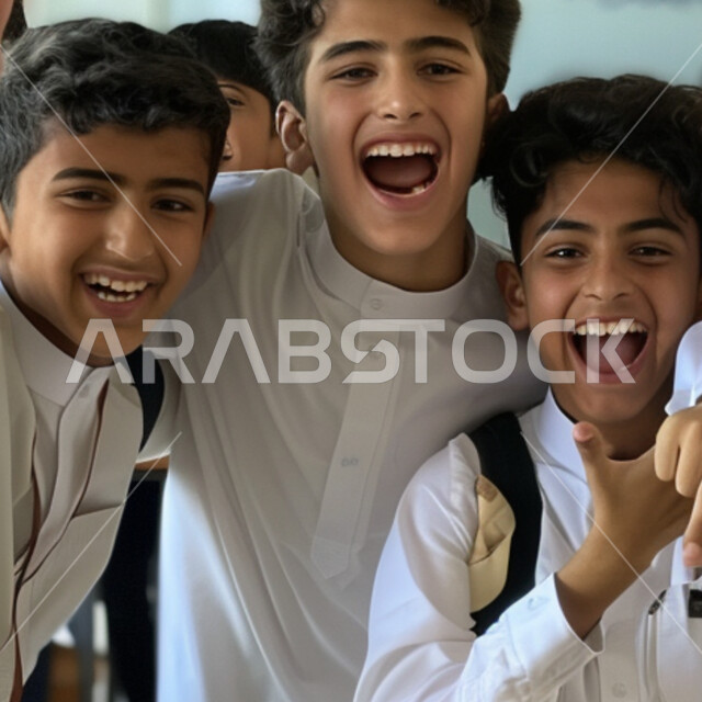 Looking at the camera with happy gestures to return to school, Saudi Gulf Arab students wearing the thobe, schools and universities in Saudi Arabia