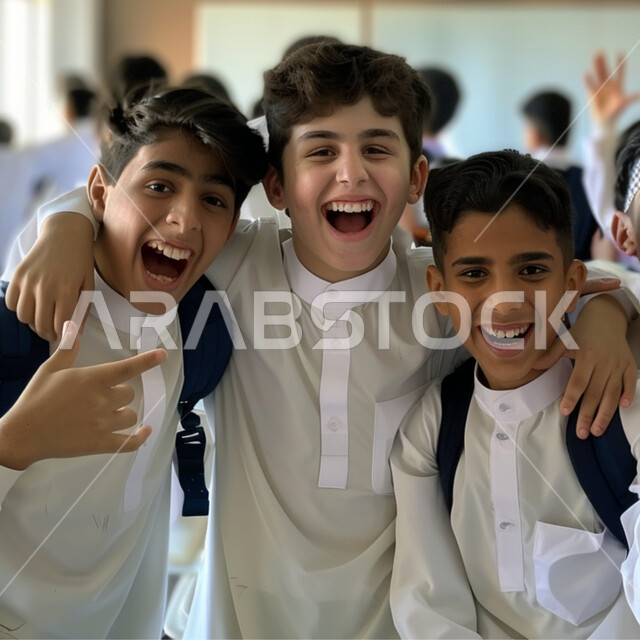 النظر الى الكاميرا بايماءات السعادة للعودة الى المدرسة، طلاب عرب خليجيون سعوديون يرتدون الثوب، المدارس والجامعات في المملكة العربية السعودية