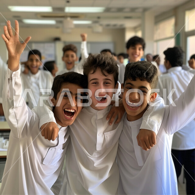 النظر الى الكاميرا بايماءات السعادة للعودة الى المدرسة، طلاب عرب خليجيون سعوديون يرتدون الثوب، المدارس والجامعات في المملكة العربية السعودية