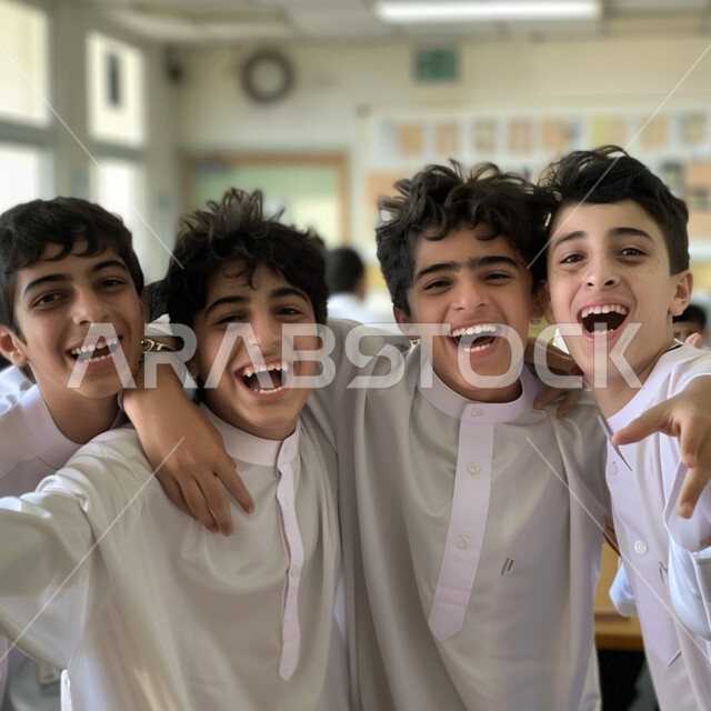 النظر الى الكاميرا بايماءات السعادة للعودة الى المدرسة، طلاب عرب خليجيون سعوديون يرتدون الثوب، المدارس والجامعات في المملكة العربية السعودية
