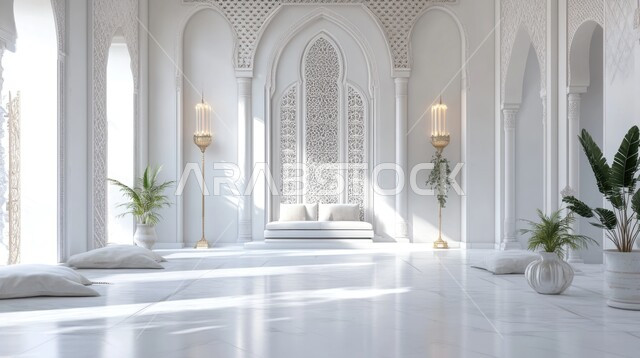 غرفة ذات التصاميم الحديثة العصرية ،الاهتمام في نباتات الزينة الخضراء ،وسائد بيضاء اللون ،زخارف على الطراز العربي الإسلامي ،شقق وفلل سكنية في المملكة العربية السعودية ،الفن الهندسي المعماري الديكورات والتصاميم الداخلية